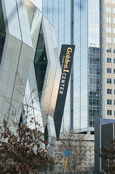 Golden 1 Center sign with modern architecture.